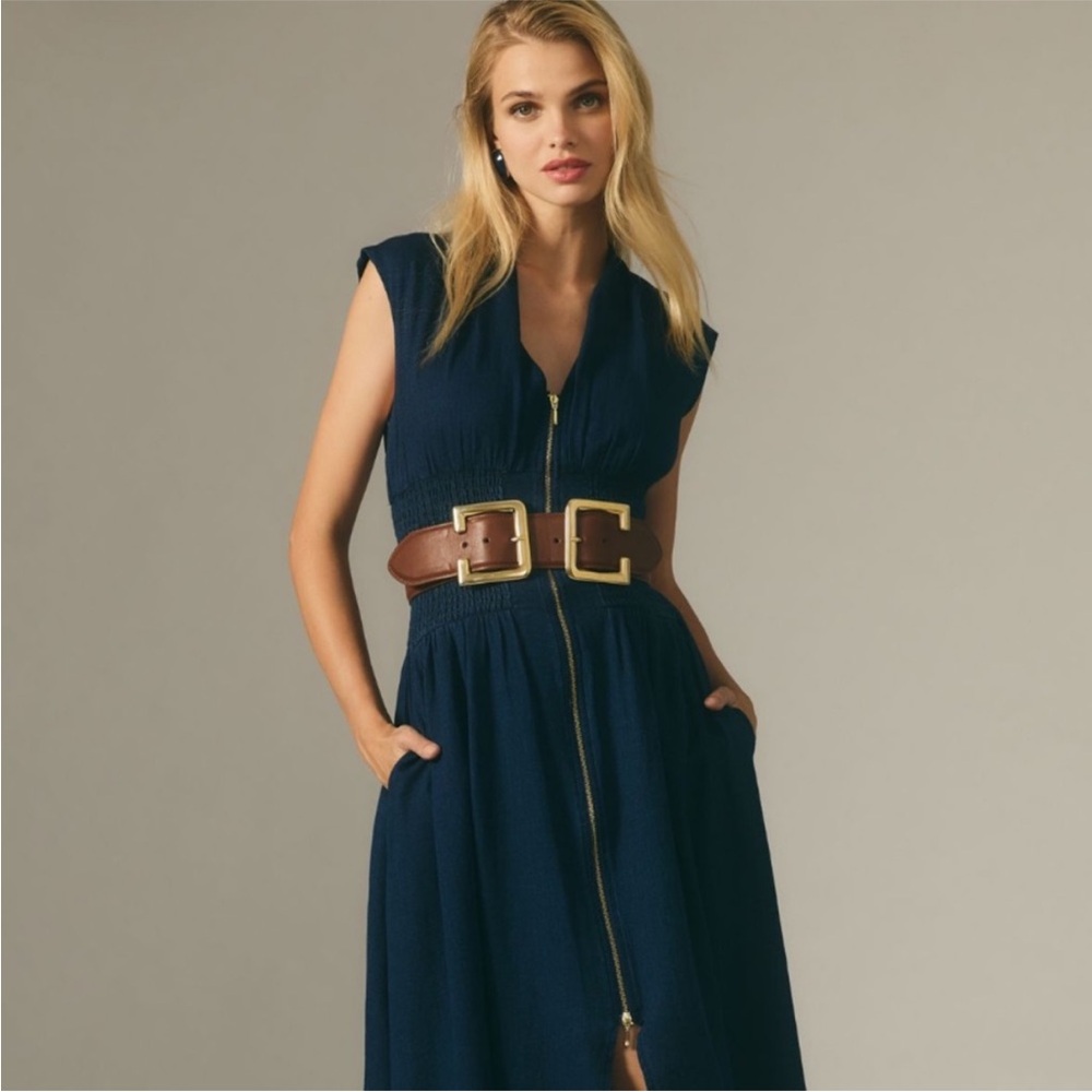 Anthropologie The Tommie Cap-Sleeve Front Zip Smocked Denim Dress in Medium